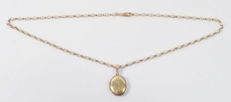 A 9 carat gold chain and gold oval locket, unmarked but tested as 14 ct, 11.7g total