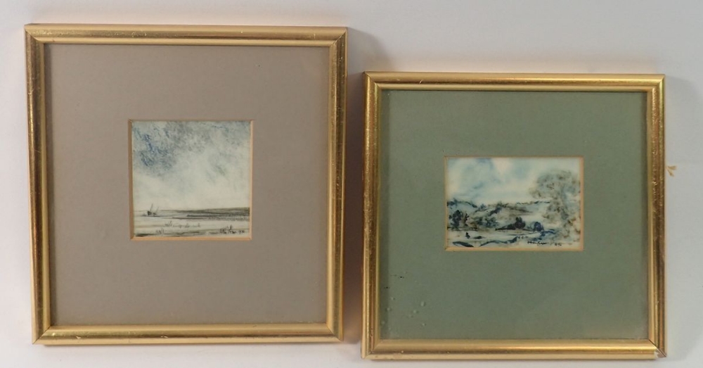 Alan Freer - two small watercolour landscapes, 6cm square and 4.5 x 7cm