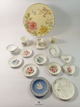 A collection of Royal Worcester ornaments including pin dishes and plate plus Wedgwood pin dishes