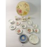 A collection of Royal Worcester ornaments including pin dishes and plate plus Wedgwood pin dishes