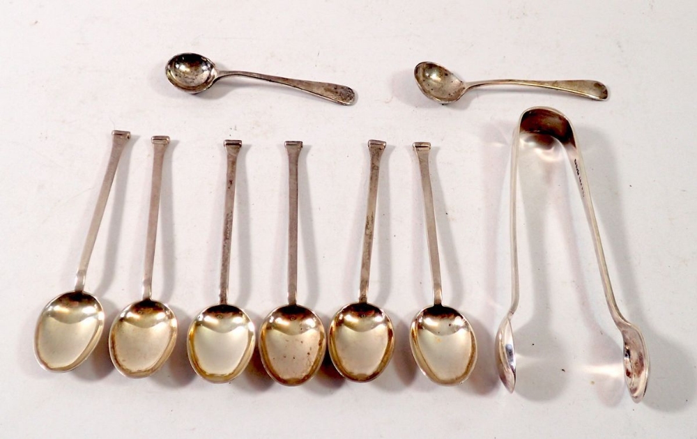 A set of six silver seal top coffee spoons, Birmingham 1967, two silver salt spoons and a pair of