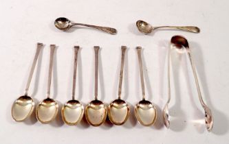 A set of six silver seal top coffee spoons, Birmingham 1967, two silver salt spoons and a pair of