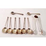 A set of six silver seal top coffee spoons, Birmingham 1967, two silver salt spoons and a pair of