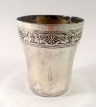 A French white metal beaker with griffin and leaf border, marked 9 & C R Brille, 8cm, 84g