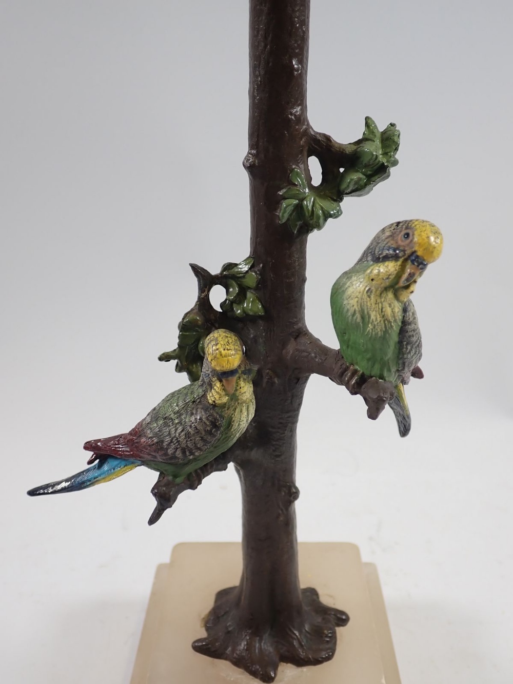 A 19th century cold painted spelter table lamp in the form of budgerigars on a tree trunk, on - Image 3 of 3