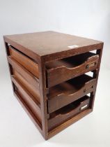 A vintage wood three drawer filing set of desk top trays, 36 x 28 x 38cm