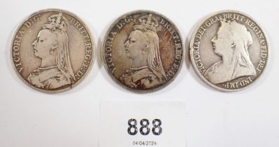 Three Victoria silver crowns 1889, 1890 and 1898