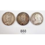 Three Victoria silver crowns 1889, 1890 and 1898