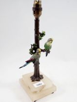 A 19th century cold painted spelter table lamp in the form of budgerigars on a tree trunk, on