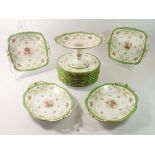 An Edwardian Coalport floral painted dessert service with green borders comprising comport, ten