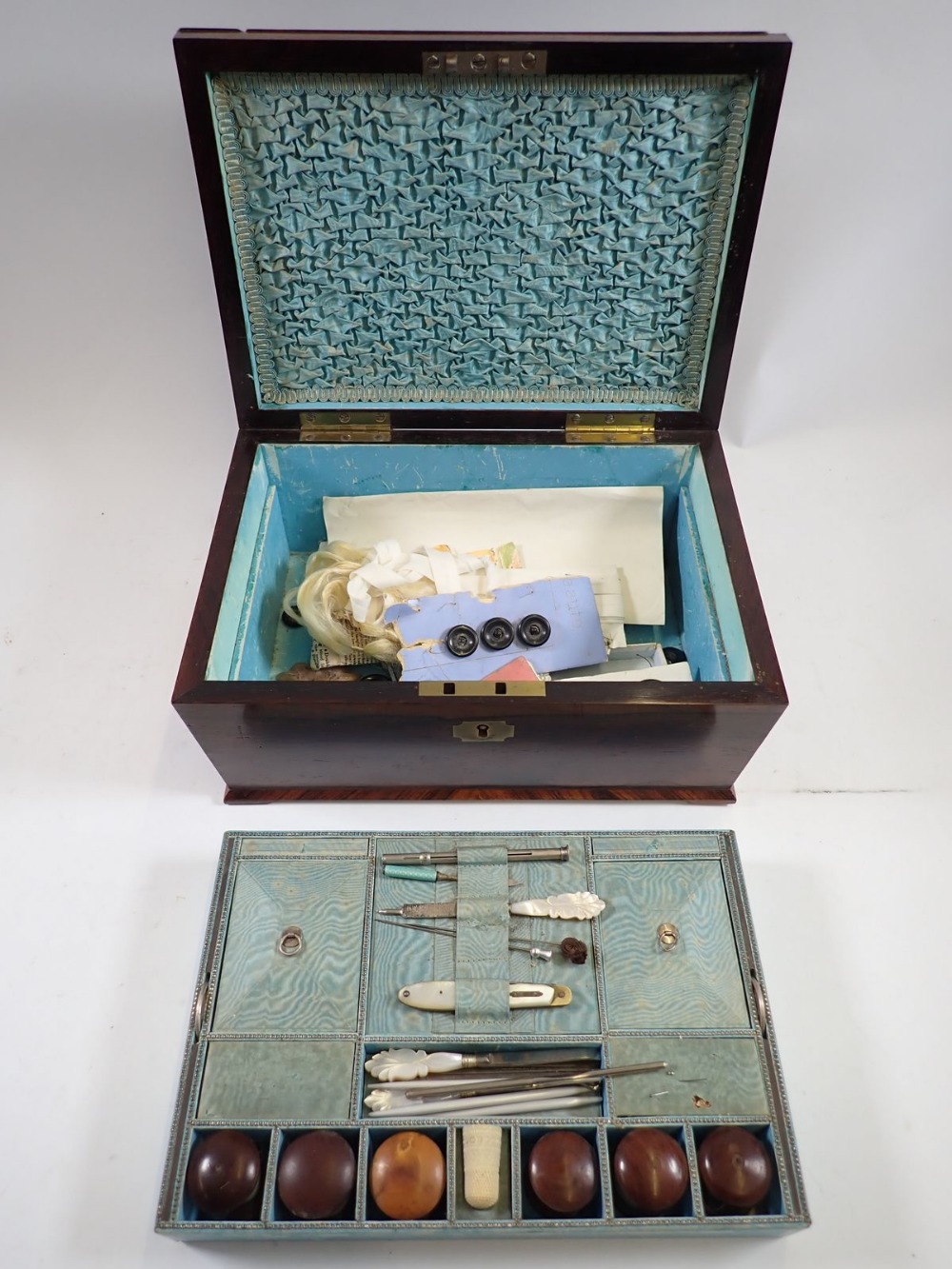 A Victorian rosewood needlework box with fitted interior including wooden reels and lift out tray, - Image 3 of 5