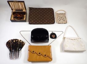 A collection of various fashion items including beaded purse and bag, Ralph Lauren sunglasses etc.