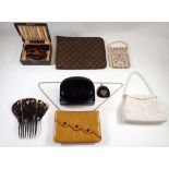 A collection of various fashion items including beaded purse and bag, Ralph Lauren sunglasses etc.