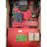 A box of old Meccano including 'Accessory outfit 5A & 6A' and various other parts and accessories