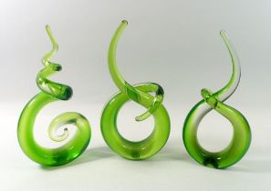 Three green vintage glass sculptures, 24cm