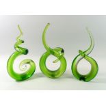 Three green vintage glass sculptures, 24cm