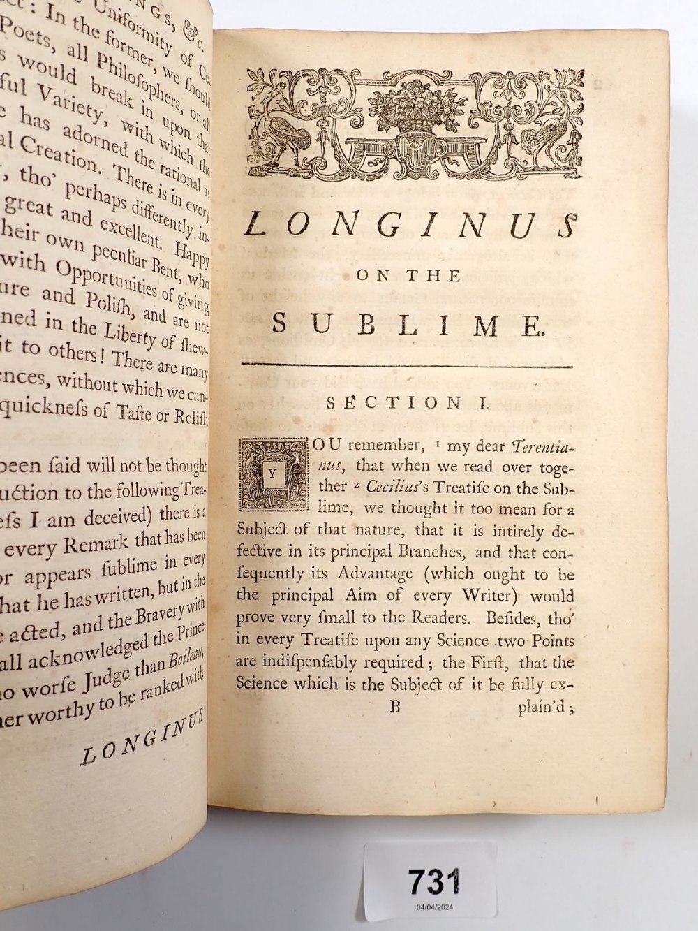Dionysius Longinus on the Subline translated from the Greek by William Smith 1739 - Image 3 of 3