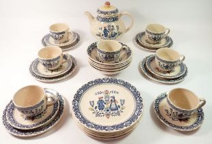 A Johnson Brothers 'Heart & Flowers' breakfast set comprising teapot, seven cups and saucers, five