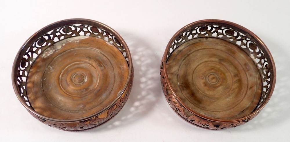 A pair of Georgian silver plate on copper bottle coasters on turned wood bases - Image 2 of 2