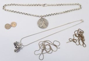 A silver St Christopher and chain 1969 and a silver motorcycle pendant, 54g plus various broken