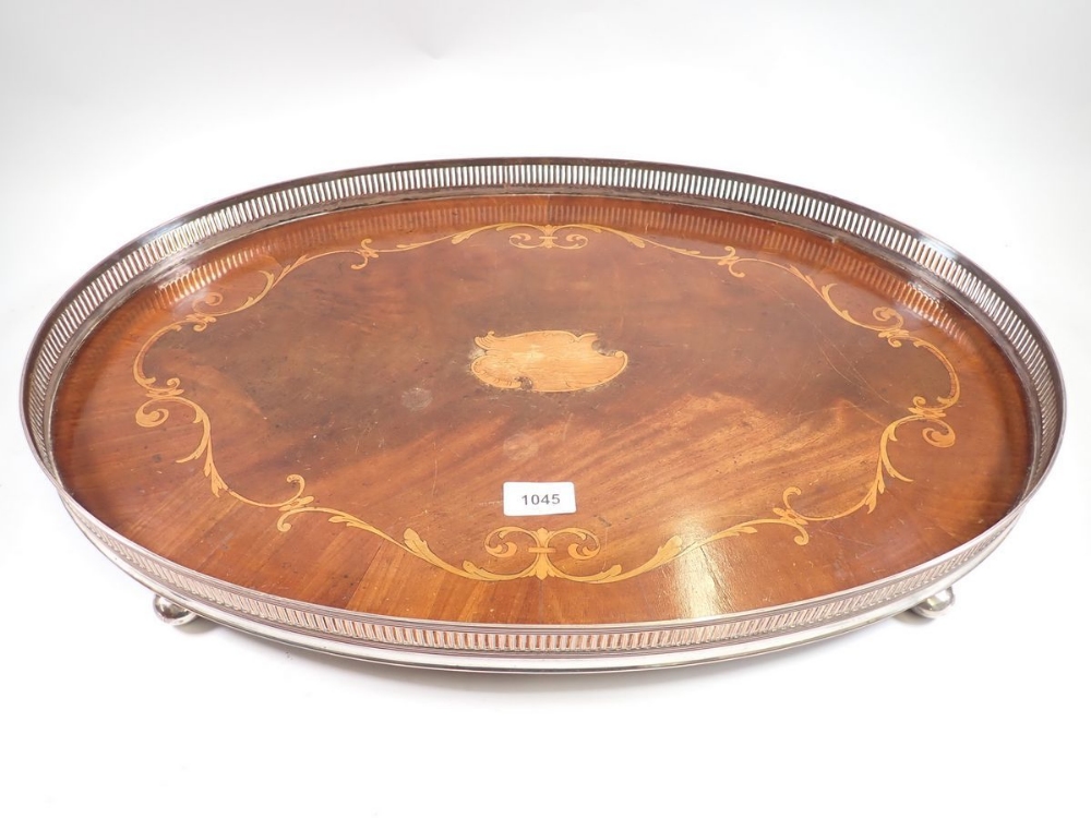 An Edwardian inlaid mahogany and silver plated galleried tray, 60 x 40cm