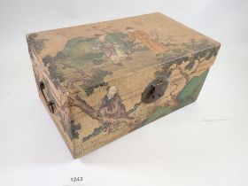 A vintage Chinese box printed garden scenes with metal handles and clasp 34cm wide