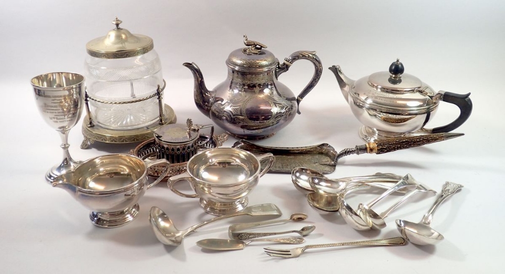 A Mappin & Webb three piece tea set and various silver plated items including Elkington's trophy cup