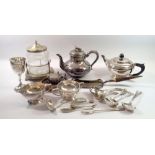 A Mappin & Webb three piece tea set and various silver plated items including Elkington's trophy cup