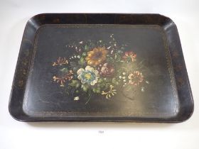 A Victorian Clay papier mache rectangular tray painted flowers, stamped mark to reverse, 67 x 48cm