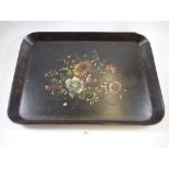 A Victorian Clay papier mache rectangular tray painted flowers, stamped mark to reverse, 67 x 48cm
