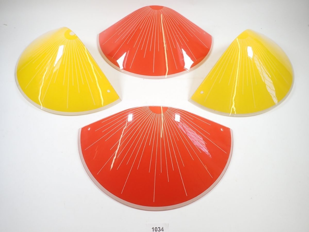 Two pairs of vintage glass wall light shades in yellow and orange, 35cm