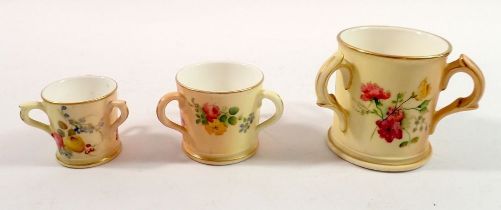 A Royal Worcester three handled miniature tyg painted flowers on an ivory blush ground and two