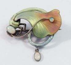 An Art Nouveau enamel dragonfly brooch set opals, 3.5cm tall