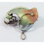 An Art Nouveau enamel dragonfly brooch set opals, 3.5cm tall