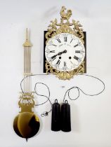 A French wall clock with enamel dial and gilt metal surmount and apron and gilt lyre pendulum,