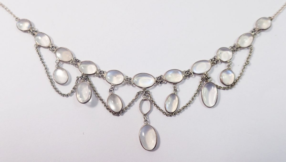 An antique long silver moonstone pendant necklace, 70cm long - Image 2 of 3