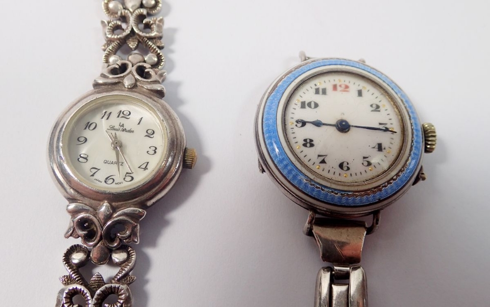 An early 20th century French silver and enamel ladies watch and strap and a silver Louis Arden watch - Image 2 of 2