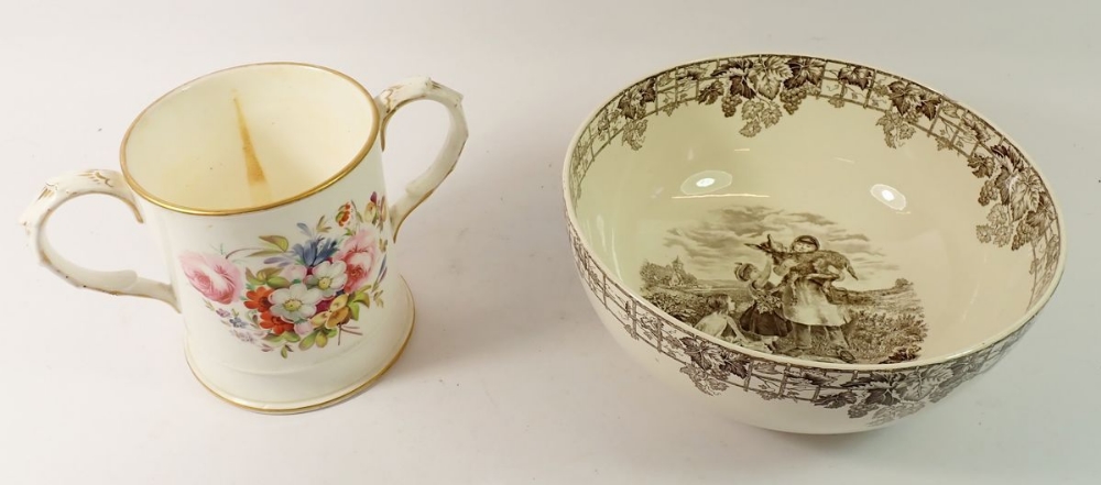 A Victorian two handled porcelain tankard painted flowers, 14m tall and a Spode Byron bowl, chipped