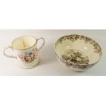 A Victorian two handled porcelain tankard painted flowers, 14m tall and a Spode Byron bowl, chipped