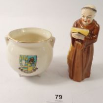 A Royal Worcester monk candle snuffer, 12cm tall and a Shelley crested Stroud cauldron