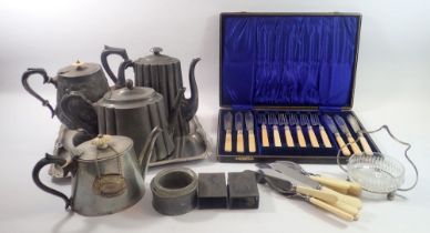 A group of silver plate and metal ware including teapots, cutlery, tray etc.