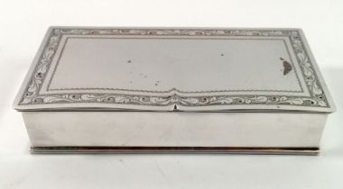 A silver plated cigarette box with engraved border, 20 x 10cm
