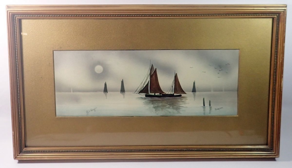 A S Woodias - moonlit marine scene with yachts, 17 x 48cm