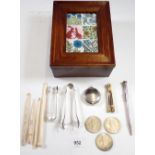 A wooden jewellery box with various collectables including Eversharp pencil, Elizabeth II