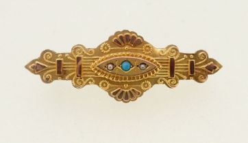 A Victorian 9 carat gold bar brooch set turquoise and seed pearls, 4cm wide, 1.9g
