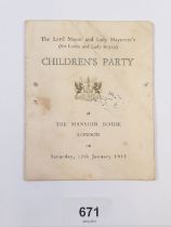 A 1952 Lord Mayor of London Children's party invitation showing list of entertainment on offer and