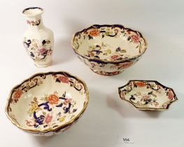 Three Mason's Mandalay Ironstone bowls and a vase, 21cm tall