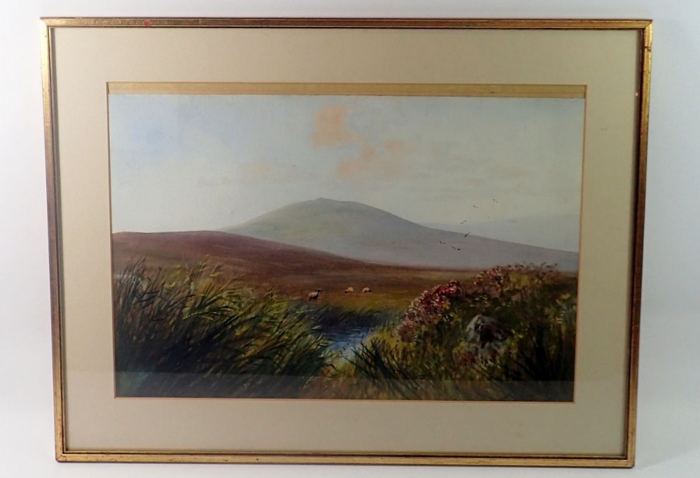 A late 19th century gouache Dartmoor scene with sheep, 30 x 43cm