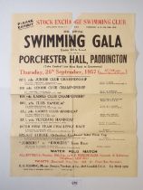 A 1957 35th Annual Swimming Gala poster for Porchester Hall, Paddington, 38 x 50.5cm