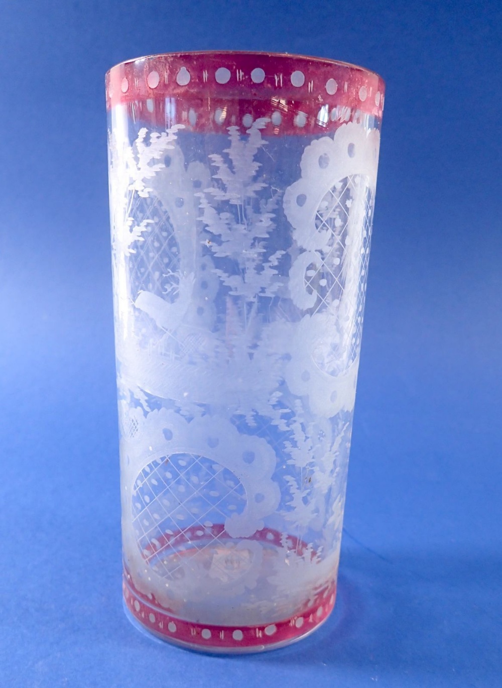 A Bohemian glass tumbler etched stags and landscape decoration, 15cm